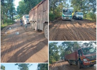 धानोरा व सालेभाट्टी च्या रोडवर पडलेल्या खड्यात फसले तीन ट्रक… — वाहतूक रात्रौ पासून बंद… — मुरूमगाव बस अडकली शालेय विद्यार्थ्यांना फटका… — रोडच्या दोन्ही बाजूनी सहा किलोमीटर लांबच लांब रांगा…